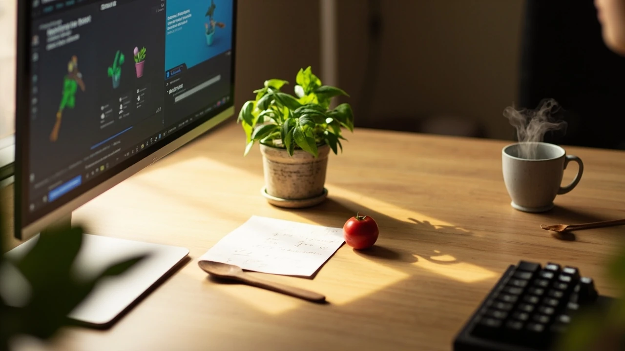 A Roblox Studio workspace on a monitor next to food props, recipe notes, and a small potted plant on a wooden desk