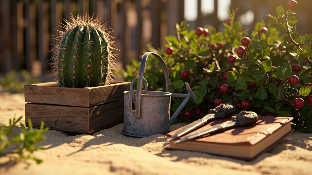 Prickly fruits in Grow a Garden: a desert cactus crop next to a thorny bramble in a Roblox farming scene