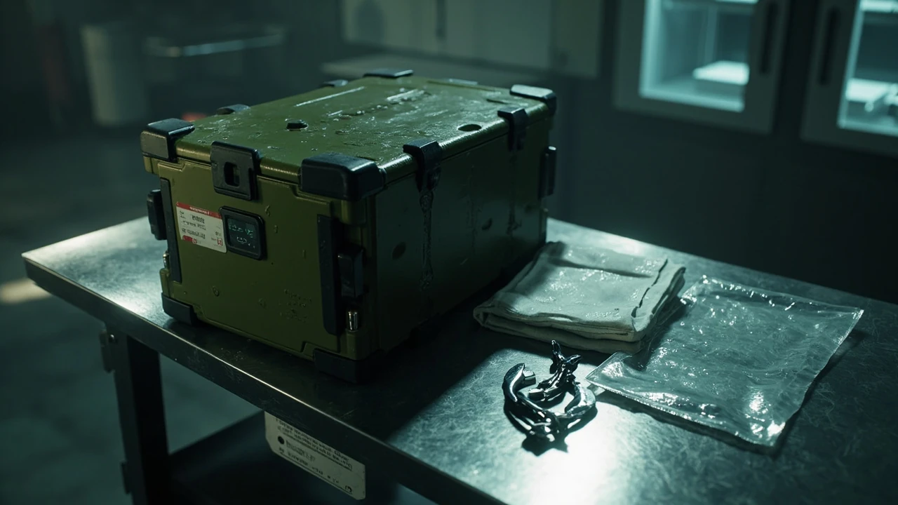 Resident Evil Requiem organ transport box RE9 on a sterile metal table