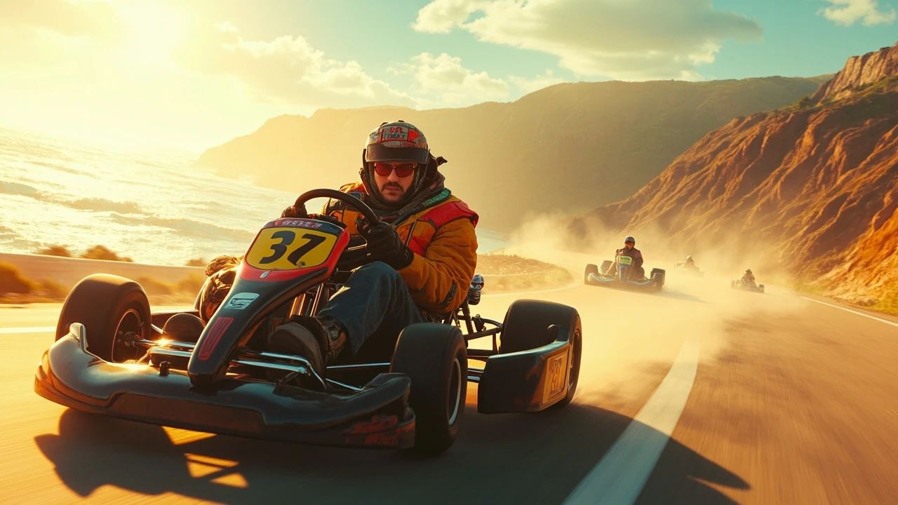 A racer on a Mario Kart World track wearing layered Mario Kart World costumes