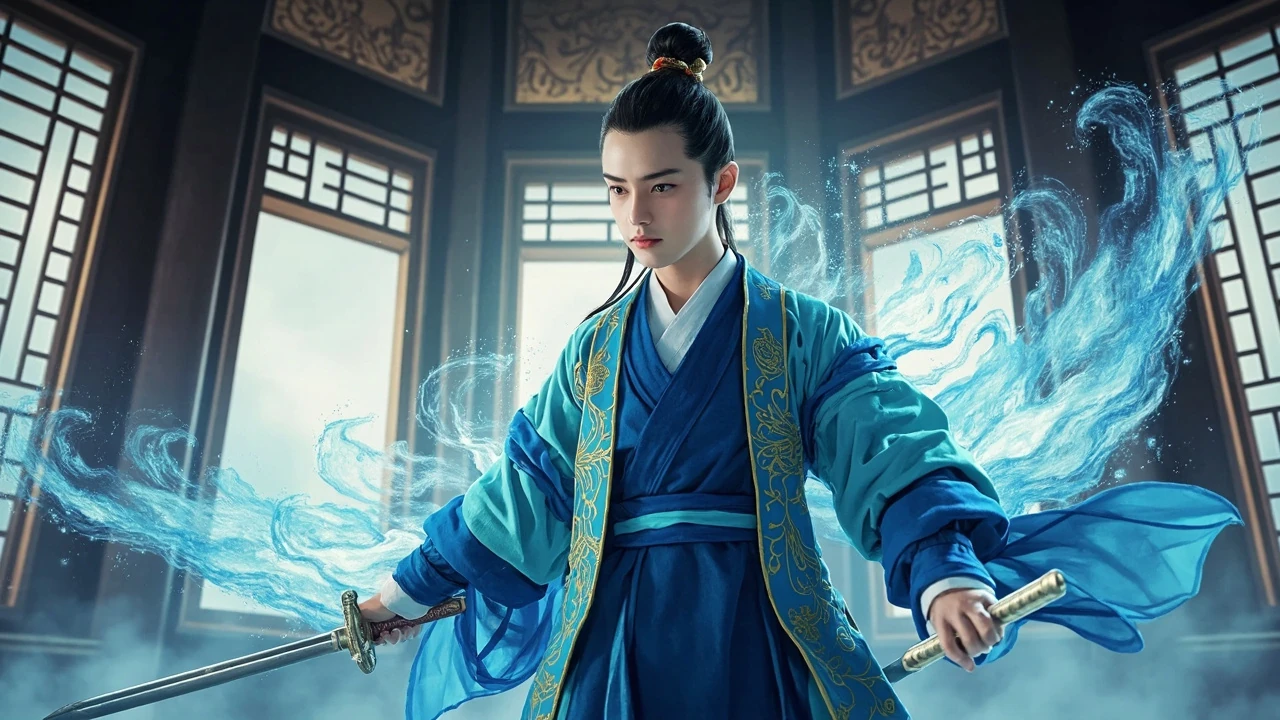 Editorial illustration of Xingqiu the swordsman from Genshin Impact holding a hydro-bladed sword