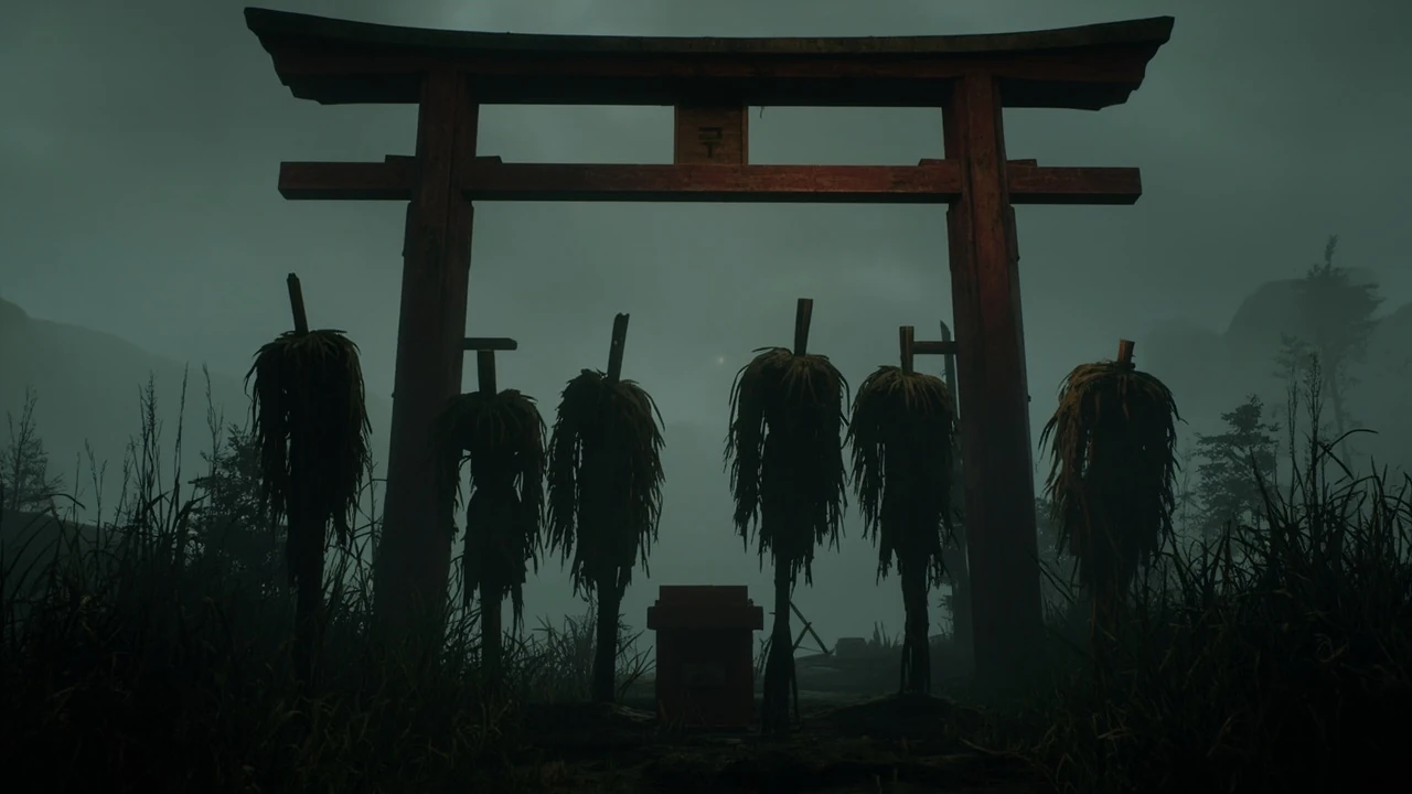 Editor solving the Silent Hill f scarecrow puzzle at a forest shrine