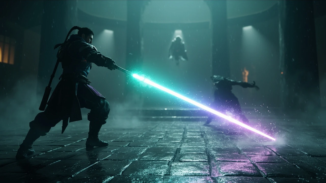 Editorial hero scene for a lost soul aside review article showing a lone fighter with a luminous blade on a dim arena stage